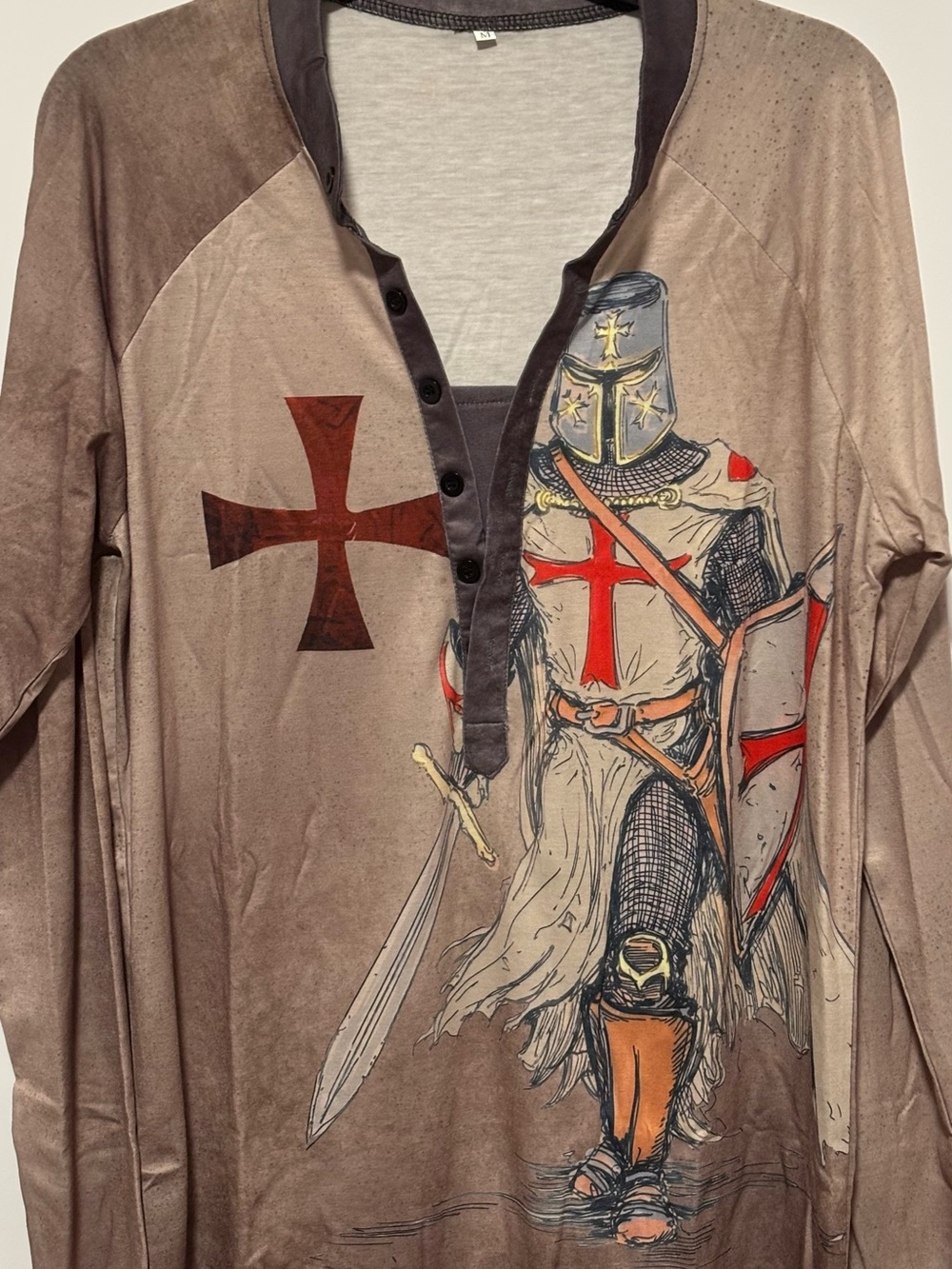 Source Unknown Brown Tan Crusader Graphic Henley